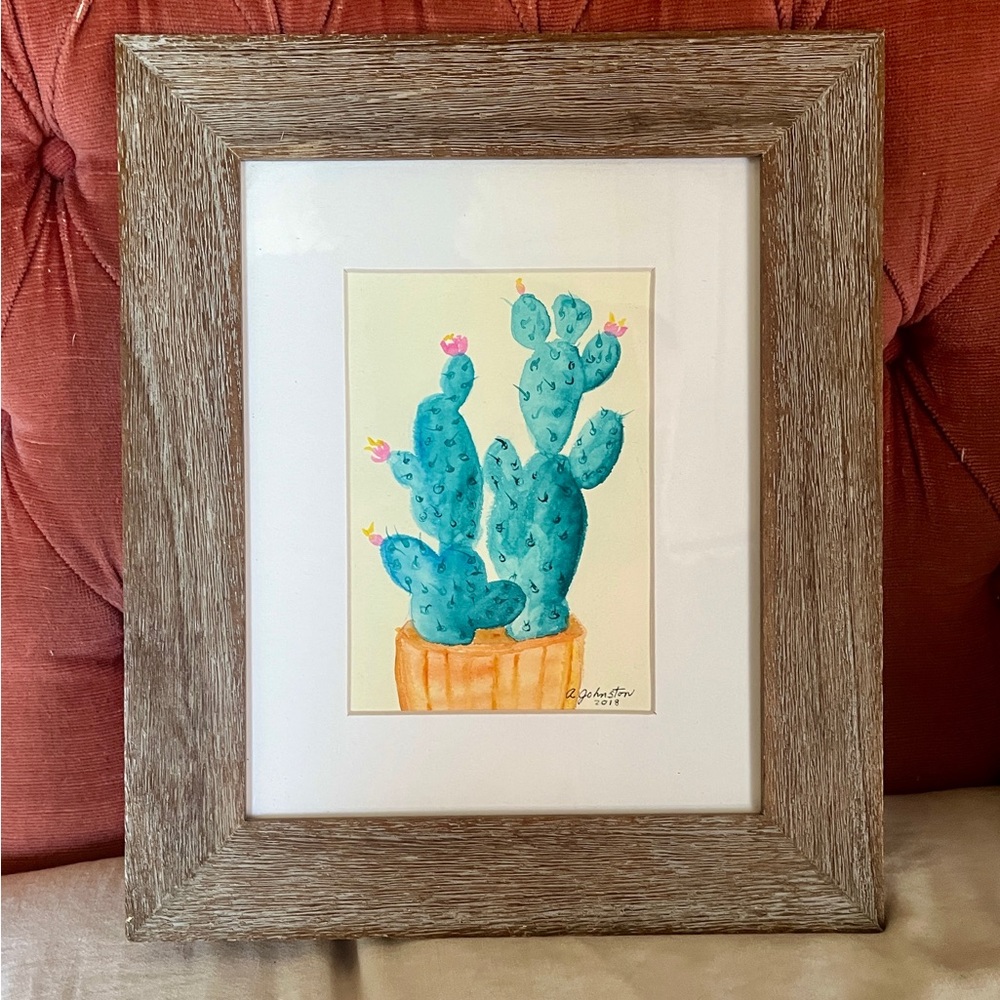 Cactus Watercolor Painting & Rustic Wood Frame - Southwestern Art by A. Johnston